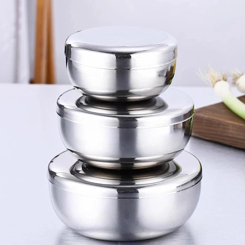 Korean Stainless Steel Rice Bowl with Lid – Anti-Scald Child-Safe Tableware | S, M & L Sizes