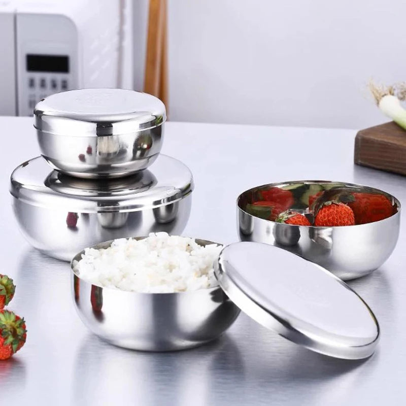 Korean Stainless Steel Rice Bowl with Lid – Anti-Scald Child-Safe Tableware | S, M & L Sizes