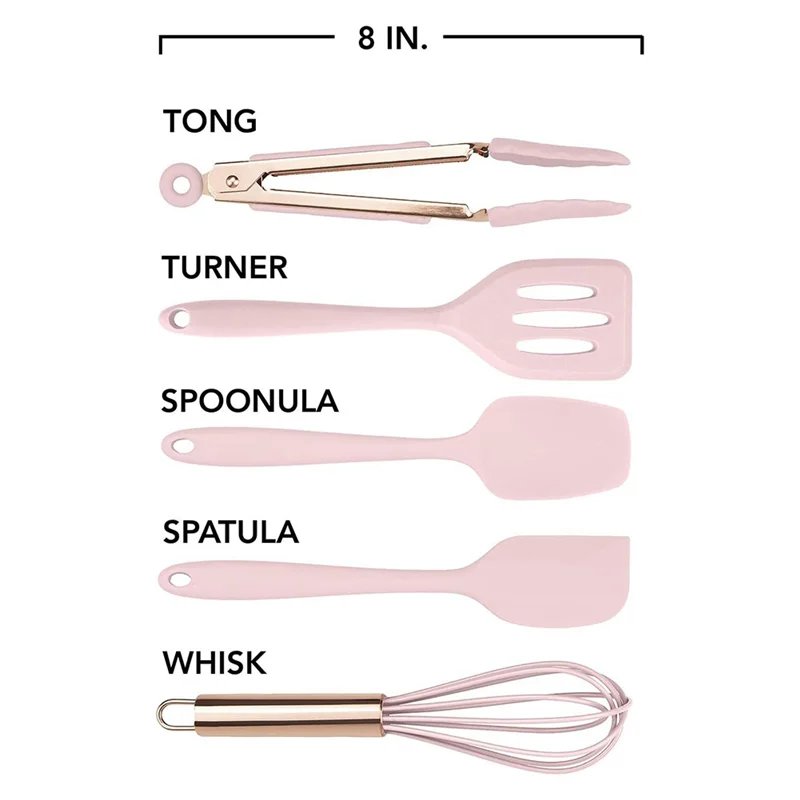 KYCOR 5-Piece Mini Silicone Kitchen Utensil Set – Non-Scratch Cooking Tools for Nonstick Cookware | Pink