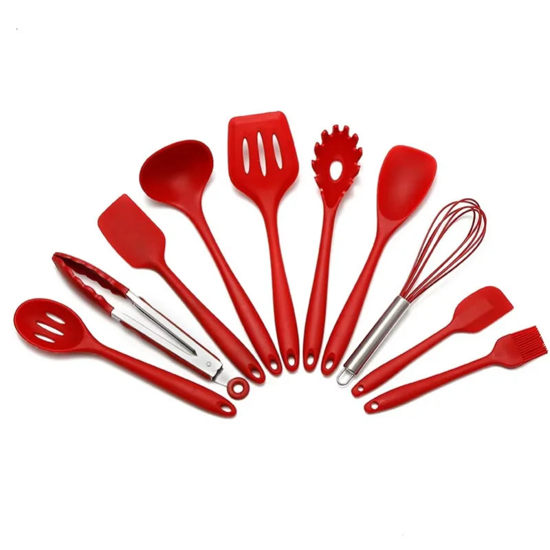 10-Piece Silicone Kitchen Cookware Set – Heat-Resistant Spatula, Spoon, Shovel & Scraper | Red, Black & Multicolor