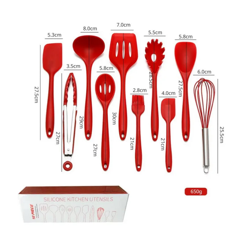 10-Piece Silicone Kitchen Cookware Set – Heat-Resistant Spatula, Spoon, Shovel & Scraper | Red, Black & Multicolor