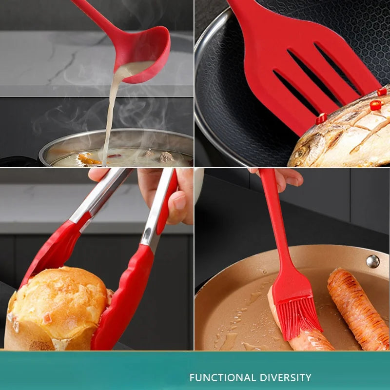 10-Piece Silicone Kitchen Cookware Set – Heat-Resistant Spatula, Spoon, Shovel & Scraper | Red, Black & Multicolor