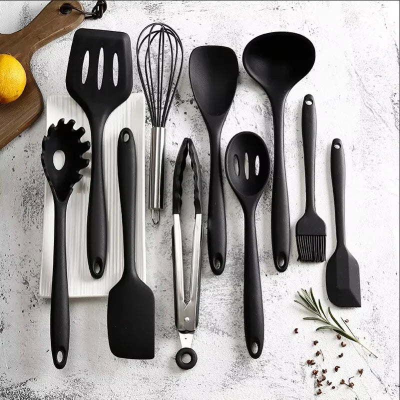 10-Piece Silicone Kitchen Cookware Set – Heat-Resistant Spatula, Spoon, Shovel & Scraper | Red, Black & Multicolor